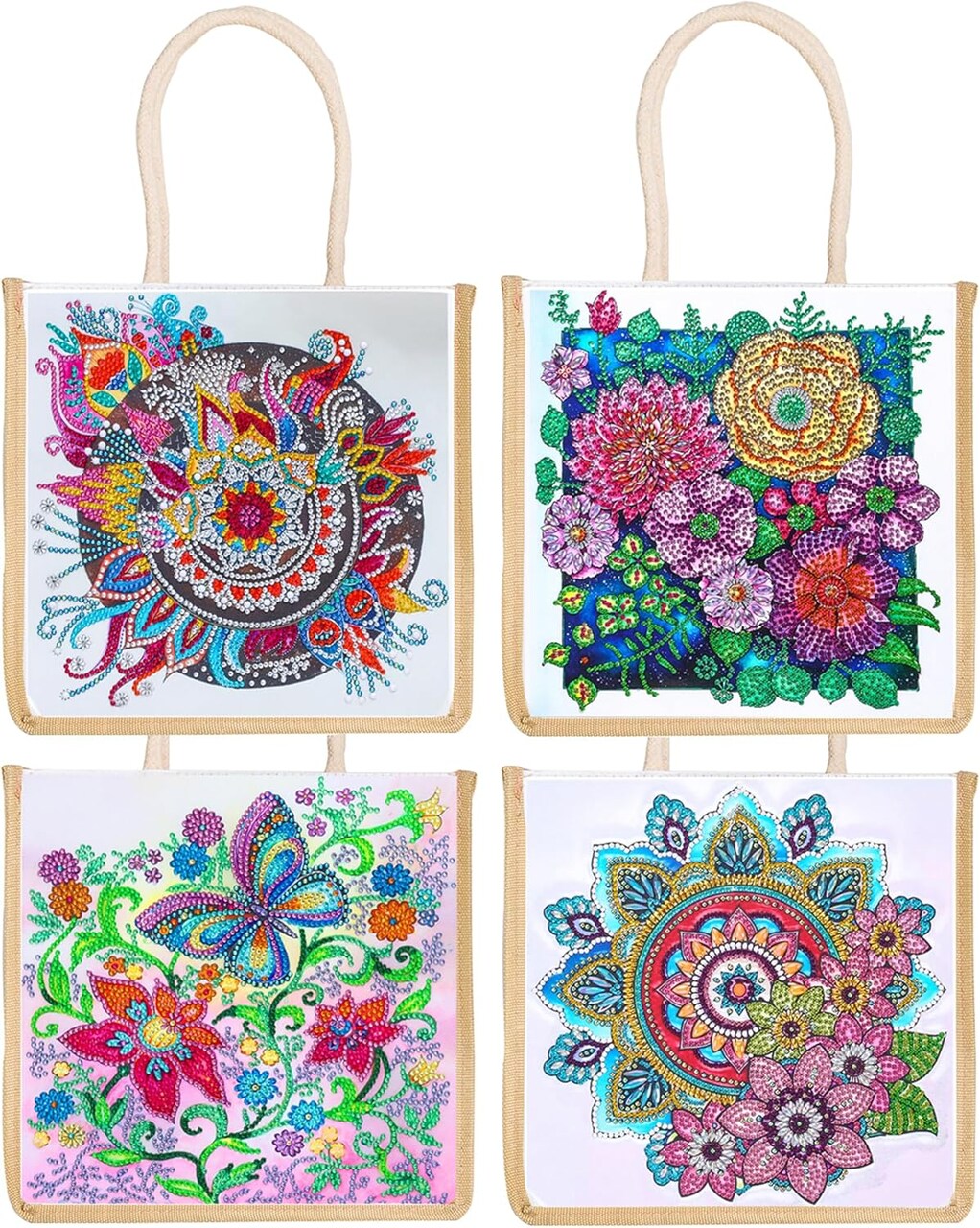 4 Pack Mandala Flowers Butterfly Diamond Painting Dots Art Kits Canvas Tote Bags Boho 5D DIY Handbags Handmade Gifts Reusable Shopping Bags with Handles for Women Adults Work
